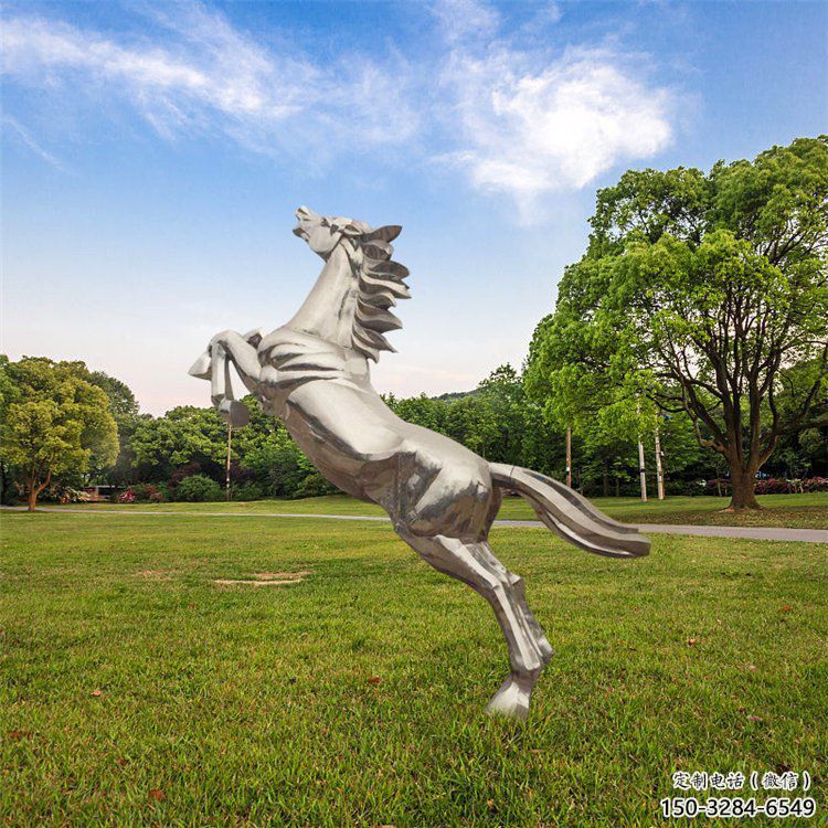幾何抽象不銹鋼奔馬雕塑，城市動物擺件，大型廣場小品