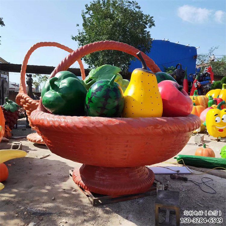 景觀果籃雕塑承接，景區(qū)案例，景觀不銹鋼果籃雕塑定制