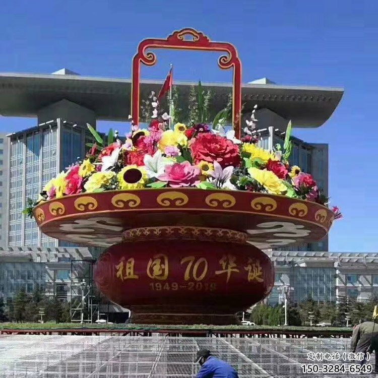 花籃雕塑造型點(diǎn)擊，中式工藝，金屬花籃雕塑供給
