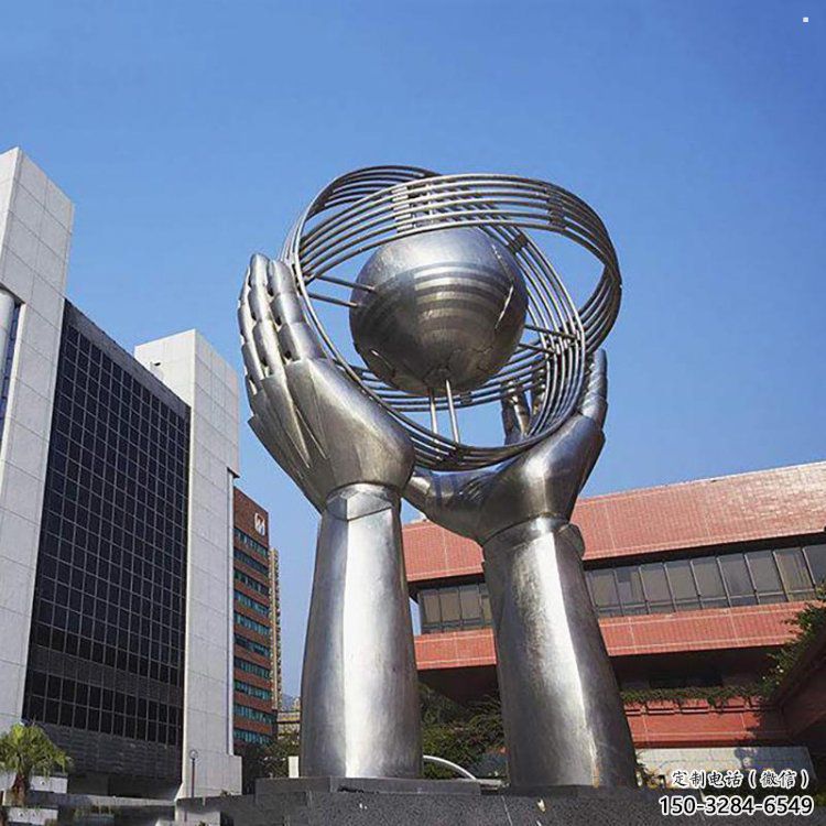地球儀雕塑定做，小區擺件，鏡面手托地球儀雕塑制作