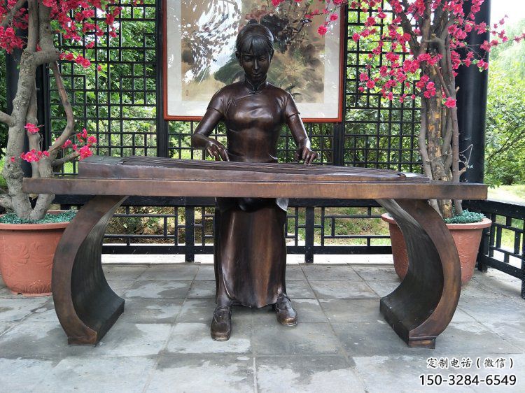 彈古箏雕塑選用，景區案例，純銅仿古制造商
