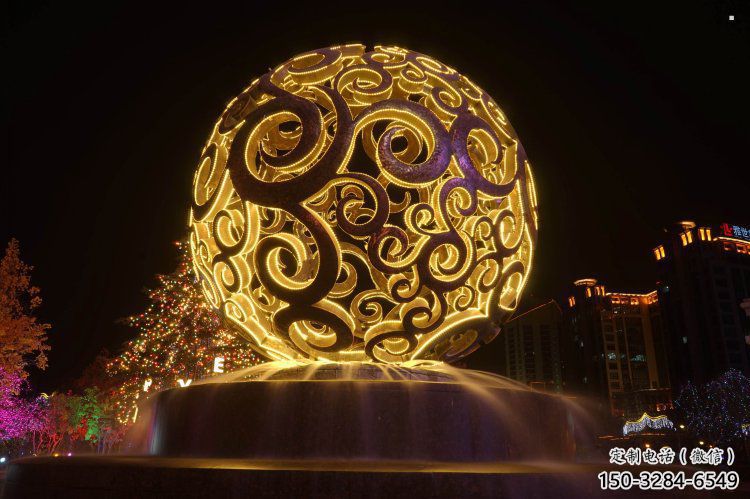燈光球雕塑定制，村標(biāo)概念，不銹鋼燈光球雕塑預(yù)定