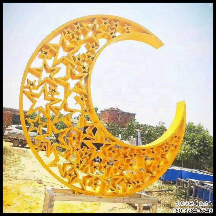 烤漆月亮船雕塑制造商，室外軟裝，不銹鋼月亮船雕塑承接