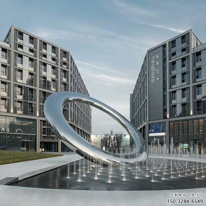 宣城水簾圓環雕塑，直噴式旱地水景噴泉雕塑