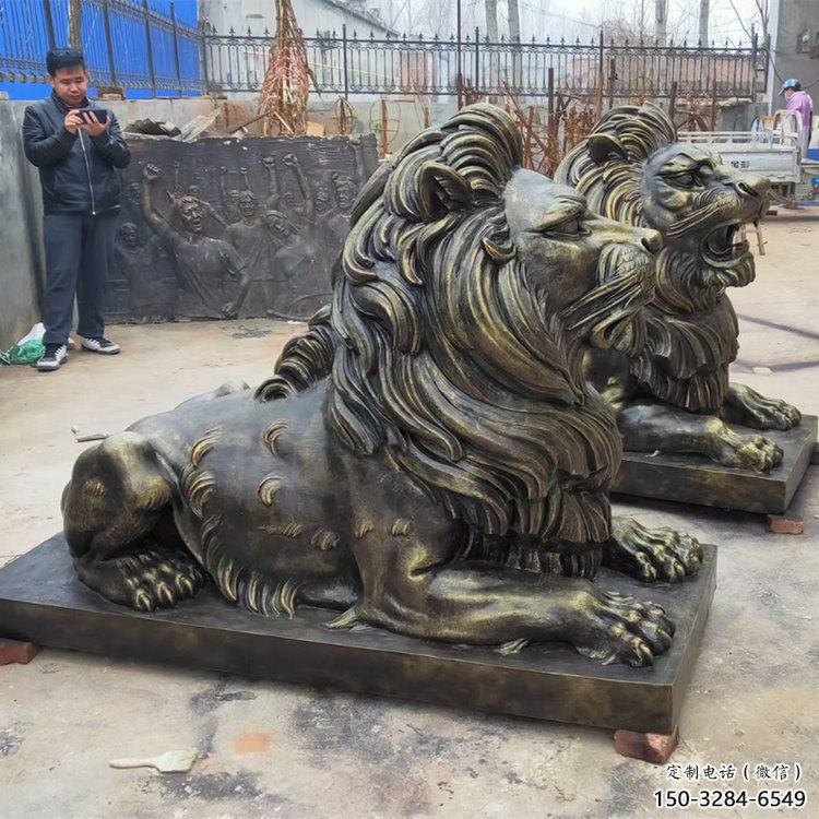 玄武大型趴獅雕塑，仿銅動物雕塑，玻璃鋼獅子雕塑制作