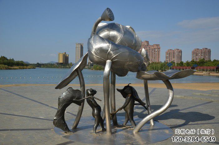 衢州蓮蓬嬉戲雕塑，城市植物景觀雕塑，不銹鋼鏡面效果